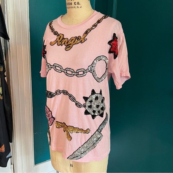 Baby pastel pink unisex sequin embroidered tshirt by Discount Universe - Picture 4 of 6